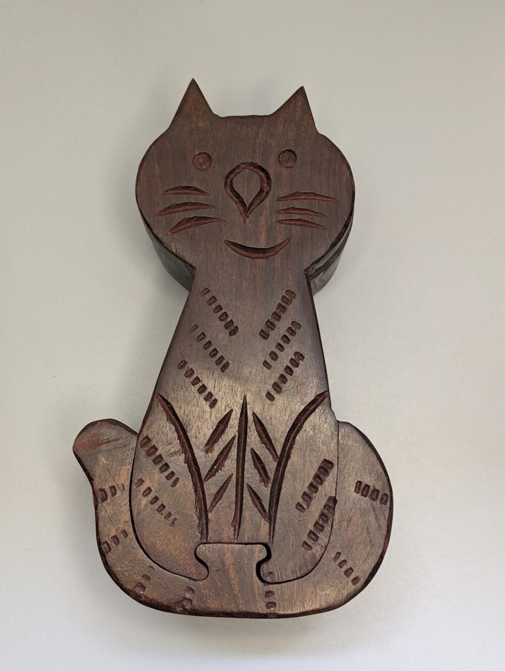 Rusticity Cat Trinket Box Hand Carved Wooden Puzzle Medium Size Decor